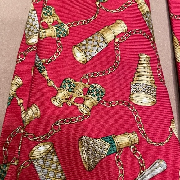 Chanel Red fabric w/gold tone binoculars/monocle/chains Chanel Silk Tie Italy - Picture 2 of 5